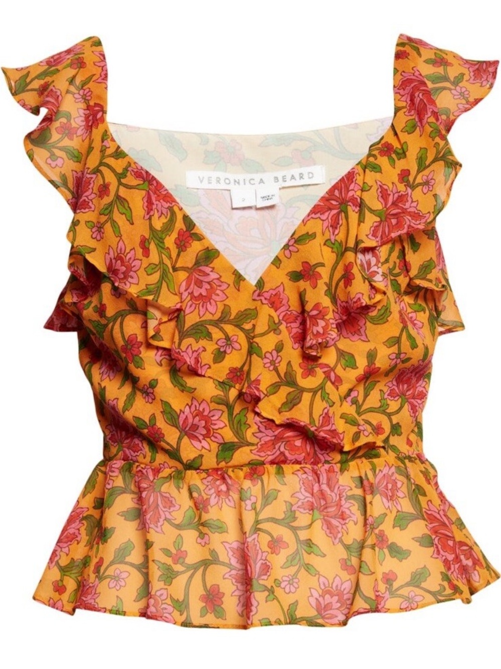Veronica Beard Pink Floral Ruffle V-Neck Peplum Top on Yellow